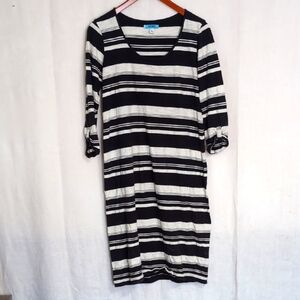Old Navy Maternity Black White Striped Midi Dress 3/4 Sleeves Size Medium